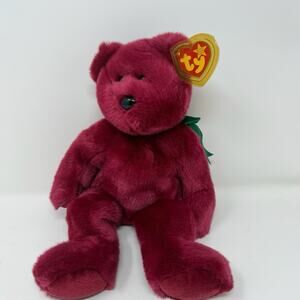 Ty Beanie Buddy Teddy the Bear In Cranberry-14” 1998 MWMT Green Bow Soft Plush